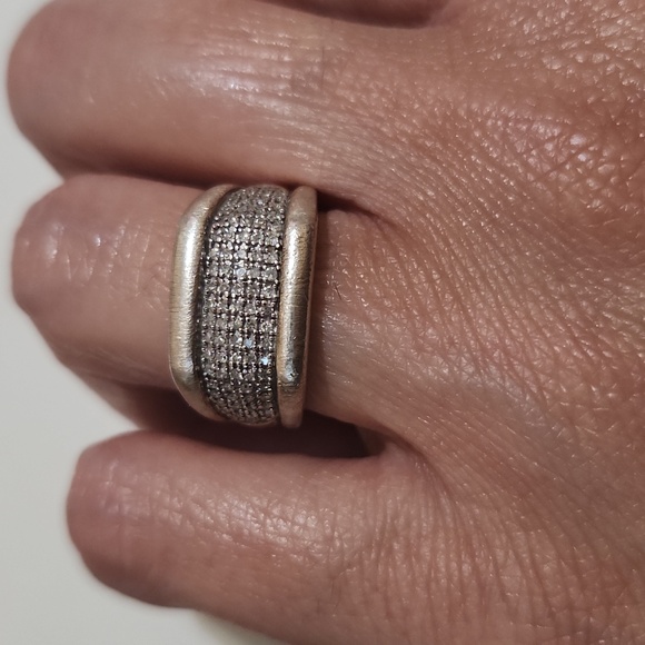 Vintage JWBR Sterling Silver & Natural Diamond Pavé Wide Band Ring - Picture 12 of 12